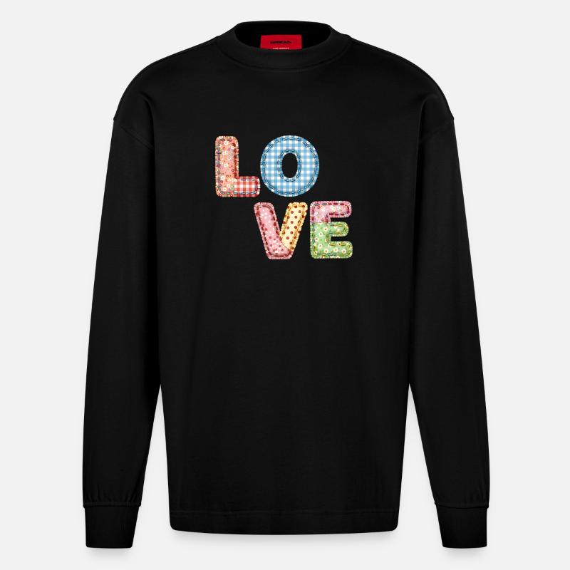 Love Patchwork Design Bunte Stoffflicken - Heavyweight Oversized Organic Langarmshirt Made in EU - SOLID BLACK