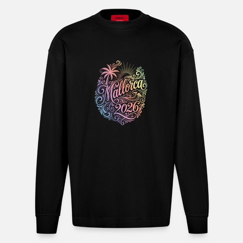 Mallorca 2026 Bunt Palme - Heavyweight Oversized Organic Langarmshirt Made in EU - SOLID BLACK
