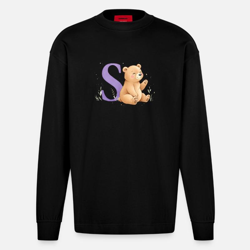 S Bär Alphabetsbild mit Teddybär - Heavyweight Oversized Organic Langarmshirt Made in EU - SOLID BLACK