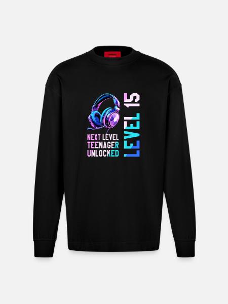 15º cumpleaños Chico Chica Adolescente Nivel 15 - Camiseta de manga larga oversize de gran gramaje y ecológica fabricada en la UE - SOLID BLACK