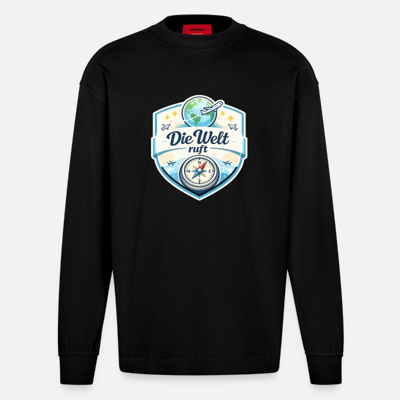 Die Welt ruft Reisepatch - Heavyweight Oversized Organic Langarmshirt Made in EU - SOLID BLACK