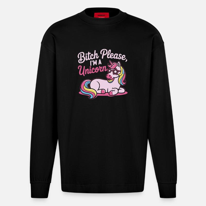 Einhorn Spruch Motiv B*tch please - Heavyweight Oversized Organic Langarmshirt Made in EU - SOLID BLACK