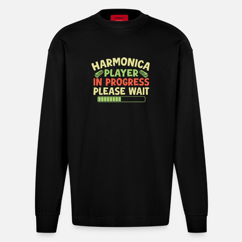 Funny Harmonica Player In Progress Harmonica - Heavyweight Oversized Organic Langarmshirt Made in EU - SOLID BLACK