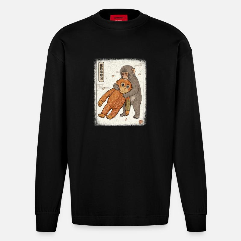 Ukiyo-e Baby Monkey Punch - Heavyweight Oversized Organic Langarmshirt Made in EU - SOLID BLACK