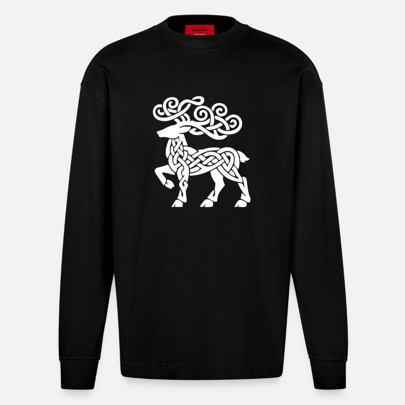 Celtic Knotwork Deer - Heavyweight Oversized Organic Longsleeve Shirt Made in EU - SOLID BLACK