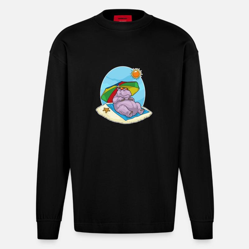 Nilpferd Strand Sonnenschirm Sommer - Heavyweight Oversized Organic Langarmshirt Made in EU - SOLID BLACK