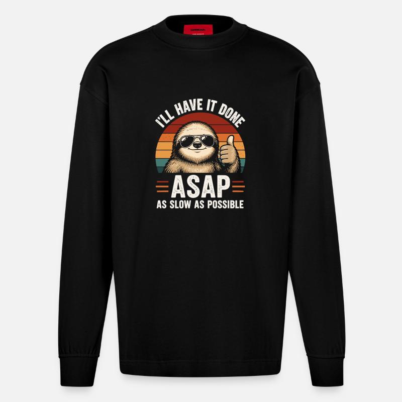 Slow As Possible Sloth Retro - Heavyweight Oversized Organic Longsleeve Shirt Made in EU - SOLID BLACK