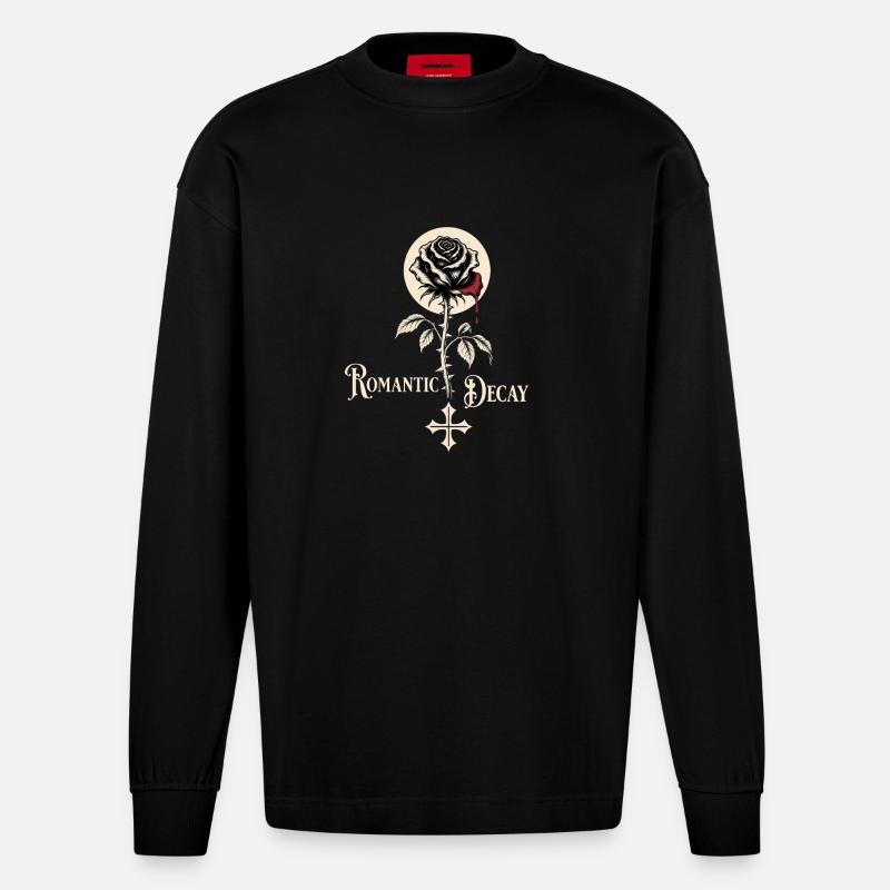 Romantic Decay Gothic Rose Design - Heavyweight Oversized Organic Langarmshirt Made in EU - SOLID BLACK