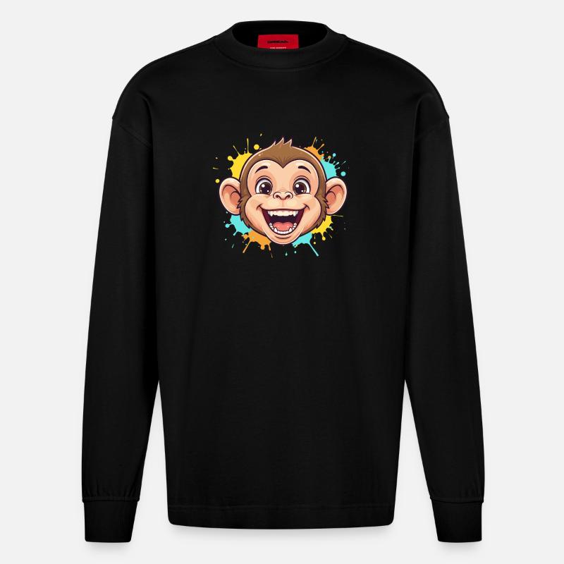 Cheerful monkey with paint splashes - Heavyweight Oversized Organic Longsleeve Shirt Made in EU - SOLID BLACK