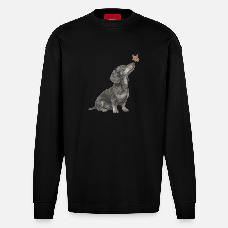 Illustration de teckel avec chien papillon - Manches longues bio épais oversize fabriqué en UE - SOLID BLACK