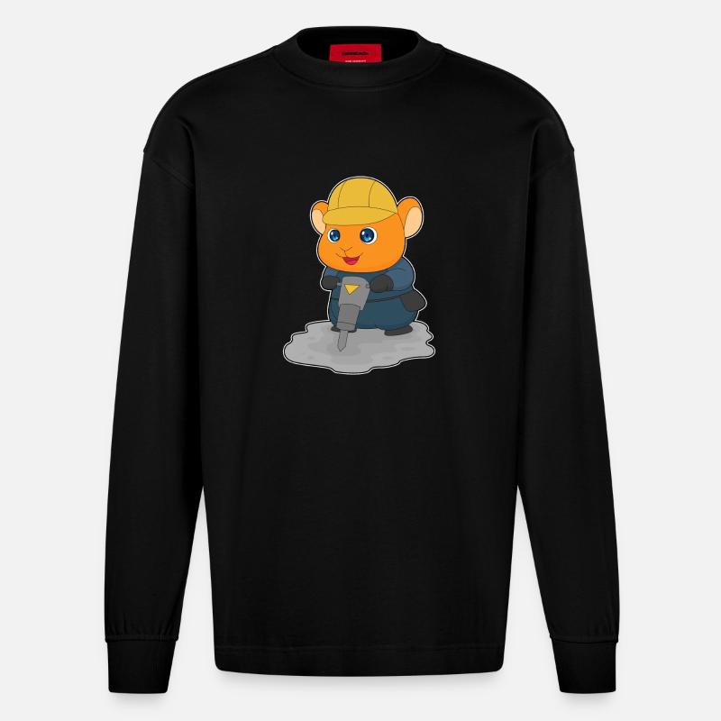 Hamster Bauarbeiter Presslufthammer Baustelle - Heavyweight Oversized Organic Langarmshirt Made in EU - SOLID BLACK