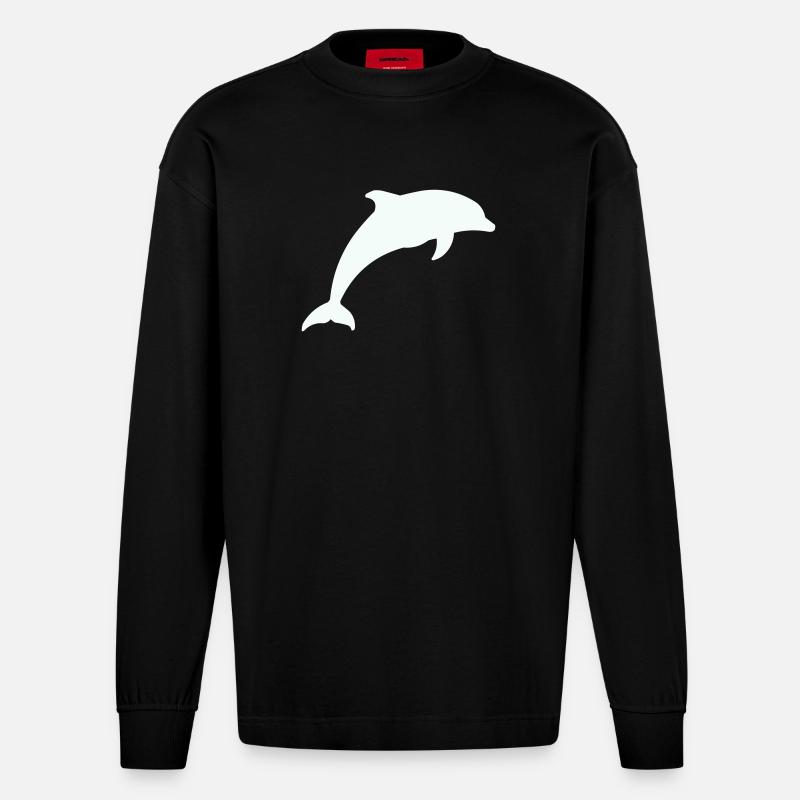 Leuchtender Delfin Silhouette - Heavyweight Oversized Organic Langarmshirt Made in EU - SOLID BLACK