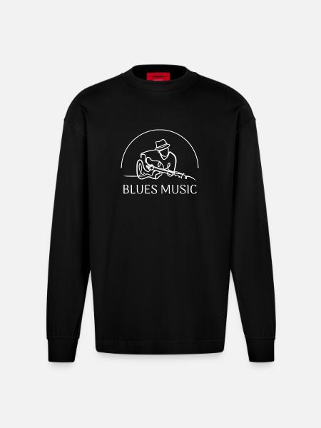Blues Music-Guitarist Line Art - Heavyweight Oversized Organic Longsleeve Shirt Made in EU - SOLID BLACK