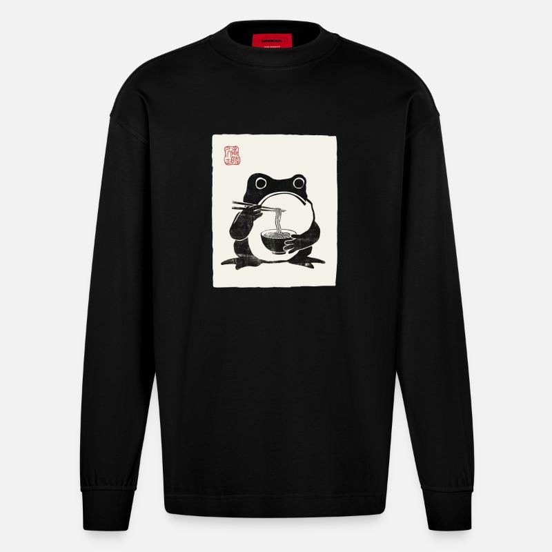 Japanisches Grumpy Frog Ramen-Nudelfest - Heavyweight Oversized Organic Langarmshirt Made in EU - SOLID BLACK