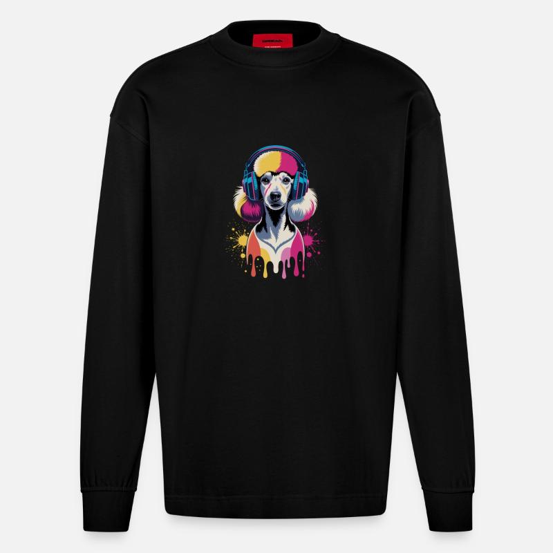 Pudel mit Kopfhörer - Heavyweight Oversized Organic Langarmshirt Made in EU - SOLID BLACK