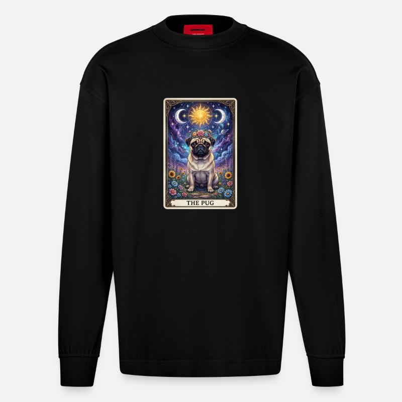 Sonnenmond Mops Tarot Illustration - Heavyweight Oversized Organic Langarmshirt Made in EU - SOLID BLACK