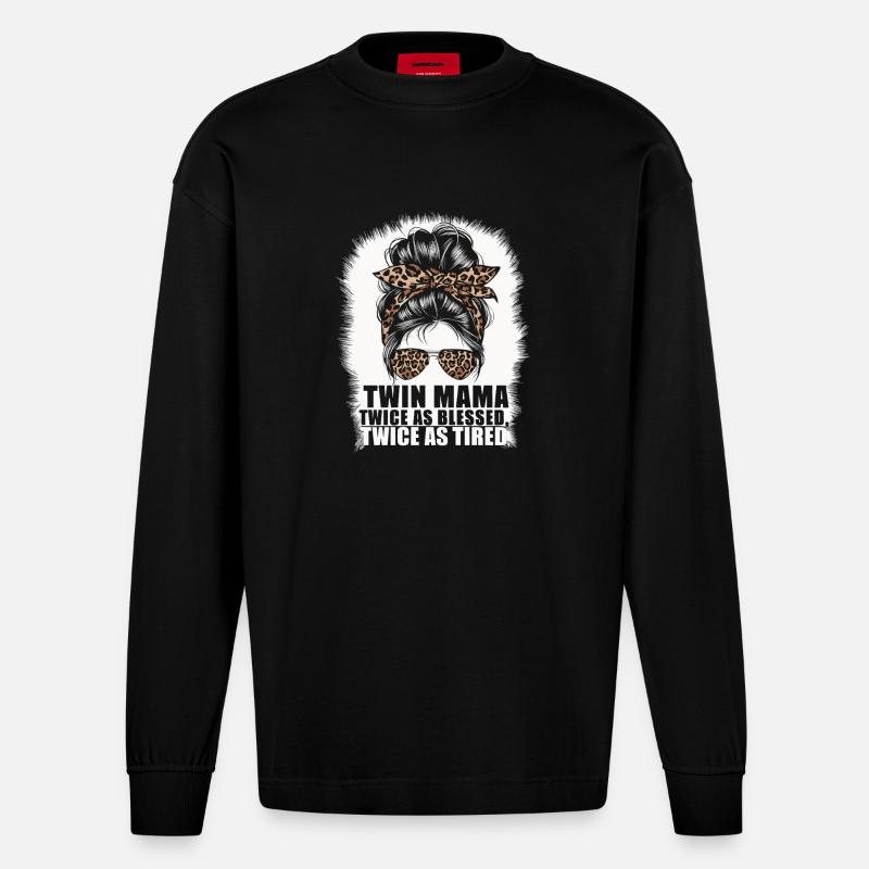 Zwillingsmama: Zweimal gesegnet - Heavyweight Oversized Organic Langarmshirt Made in EU - SOLID BLACK