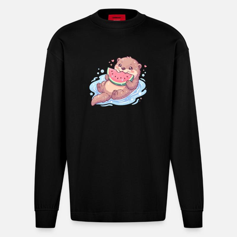 Kawaii-Otter isst Wassermelone - Heavyweight Oversized Organic Langarmshirt Made in EU - SOLID BLACK