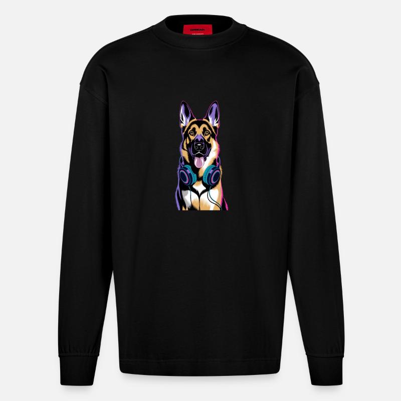 Deutscher Schäferhund mit Kopfhörer - Heavyweight Oversized Organic Langarmshirt Made in EU - SOLID BLACK