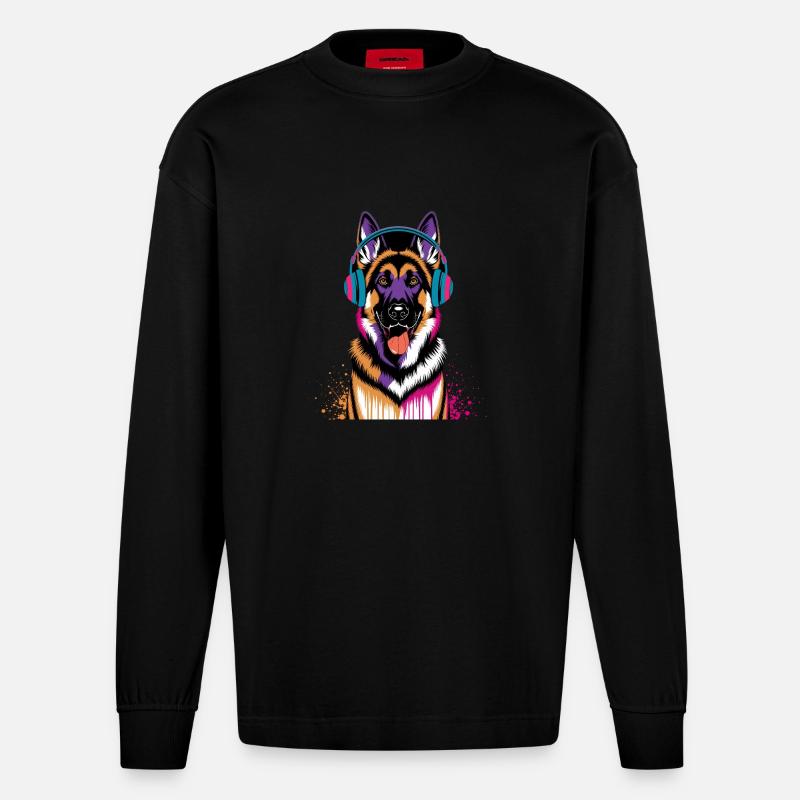 Deutscher Schäferhund mit Kopfhörer - Heavyweight Oversized Organic Langarmshirt Made in EU - SOLID BLACK