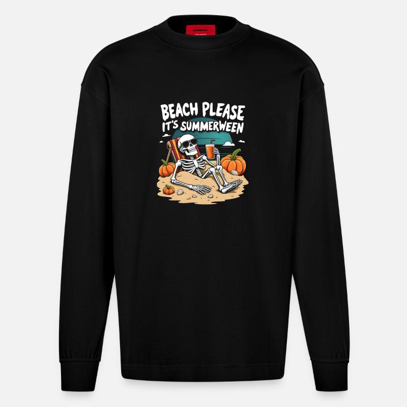 Beach Please Summerween Halloween - Heavyweight Oversized Organic Langarmshirt Made in EU - SOLID BLACK