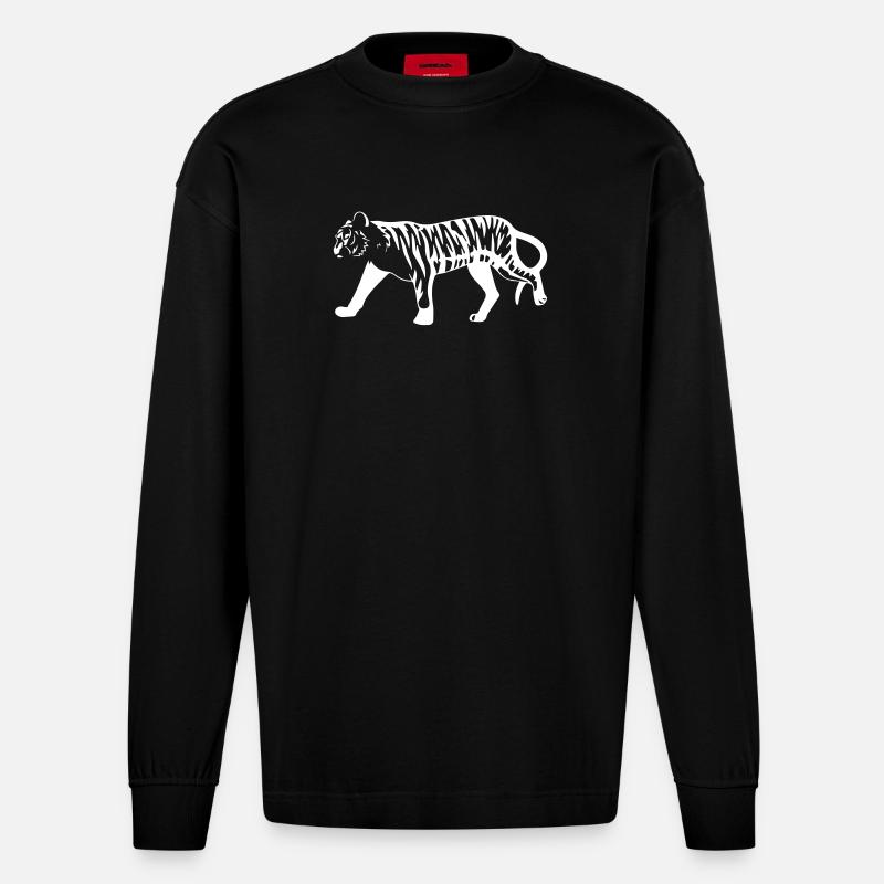 Stilisierter Tiger mit Tiermuster - Heavyweight Oversized Organic Langarmshirt Made in EU - SOLID BLACK