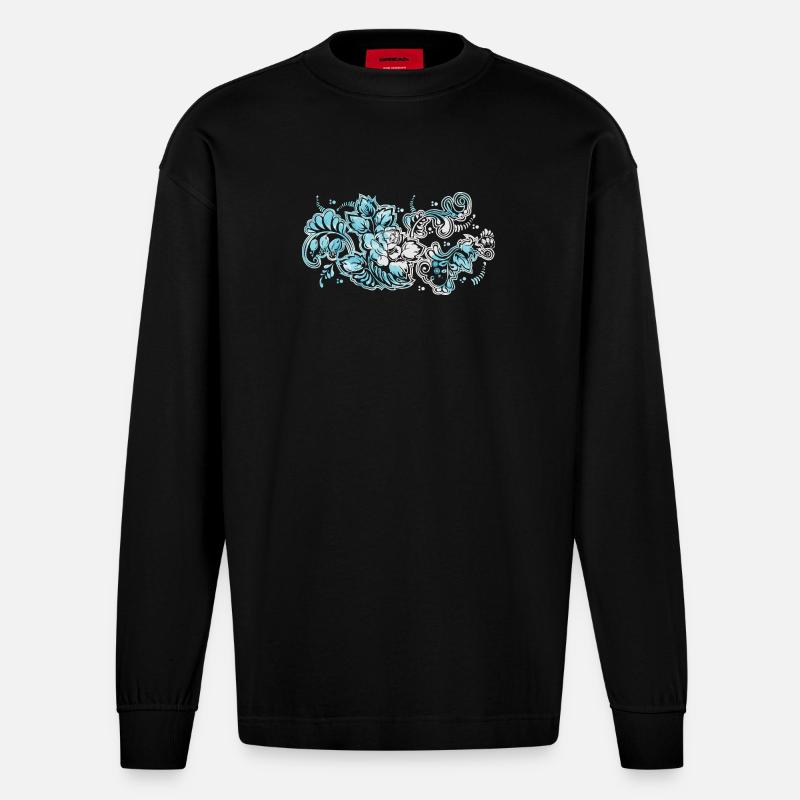 Blauer Blumen-Muster - Heavyweight Oversized Organic Langarmshirt Made in EU - SOLID BLACK