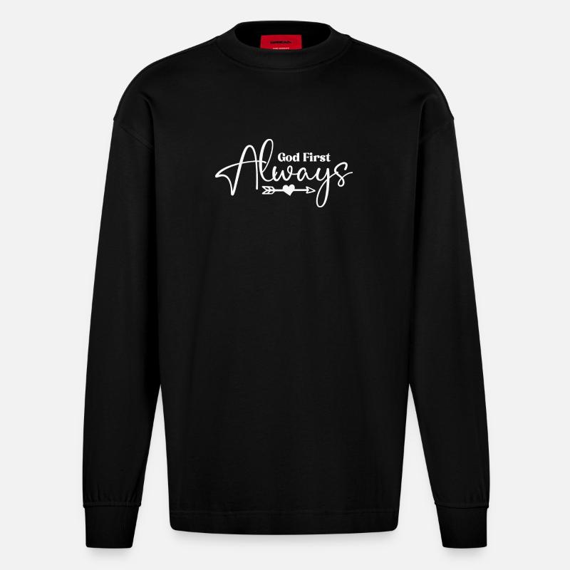 God First Always Script Heart - Heavyweight Oversized Organic Longsleeve Shirt Made in EU - SOLID BLACK