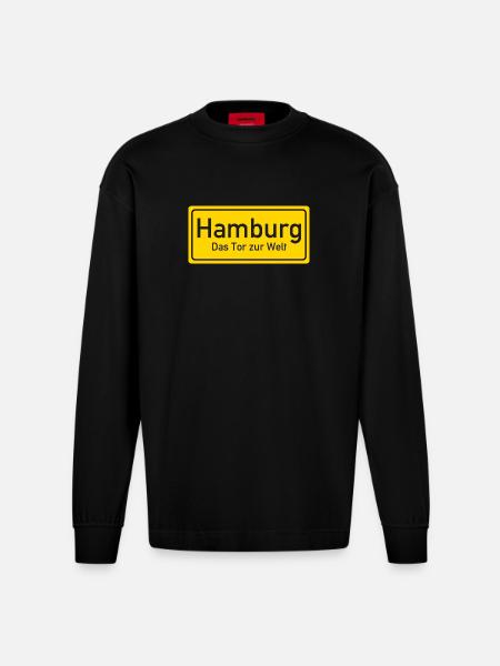 Hamburg place name sign Germany - Heavyweight Oversized Organic Longsleeve Shirt Made in EU - SOLID BLACK