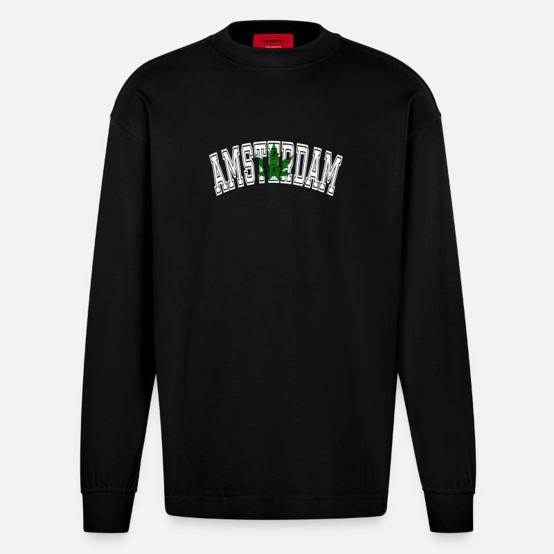 Amsterdam Design mit Cannabisblatt - Heavyweight Oversized Organic Langarmshirt Made in EU - SOLID BLACK