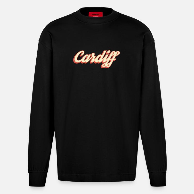 Cardiff Retro Script Logo - Heavyweight Oversized Organic Langarmshirt Made in EU - SOLID BLACK