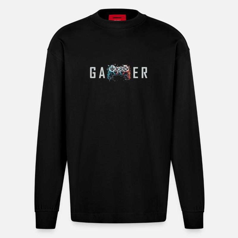 Gamer Schriftzug 3D Controller Nerd Geschenk - Heavyweight Oversized Organic Langarmshirt Made in EU - SOLID BLACK