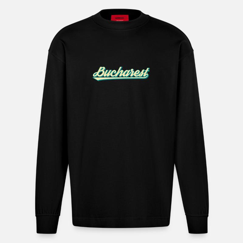 Bucharest Retro Script - Heavyweight Oversized Organic Langarmshirt Made in EU - SOLID BLACK
