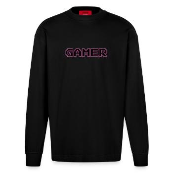 Retro Gamer Pixel Text - Heavyweight Oversized Organic Longsleeve Shirt Made in EU - SOLID BLACK - Front