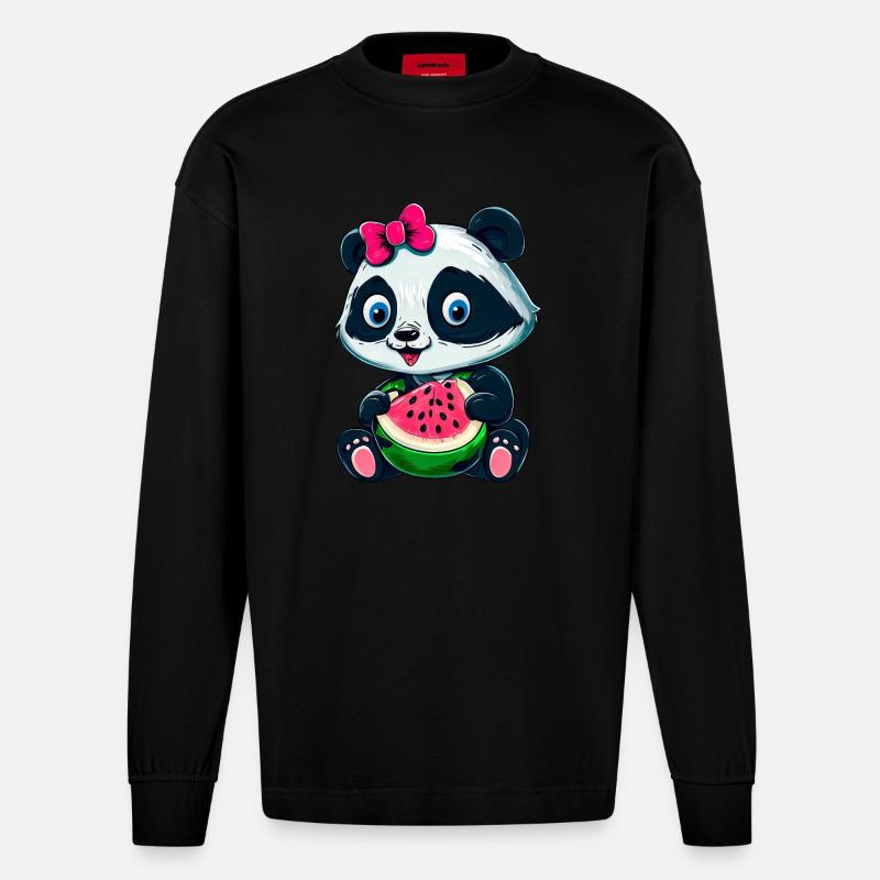 Süßes Panda-Mädchen mit Wassermelone - Heavyweight Oversized Organic Langarmshirt Made in EU - SOLID BLACK