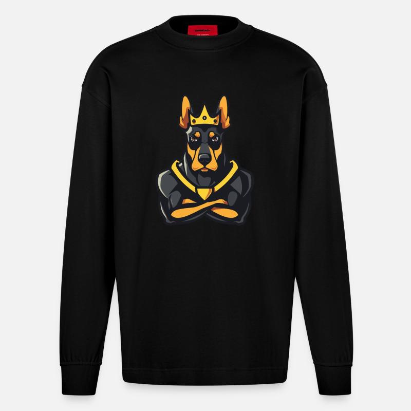 Dobermann Hund Comic Krone - Heavyweight Oversized Organic Langarmshirt Made in EU - SOLID BLACK