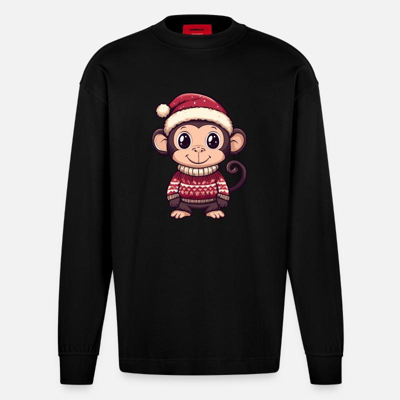 Monkey Christmas Comic - Heavyweight Oversized Organic Longsleeve Shirt Made in EU - SOLID BLACK