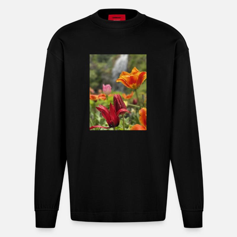 Tulpen bunt - Heavyweight Oversized Organic Langarmshirt Made in EU - SOLID BLACK