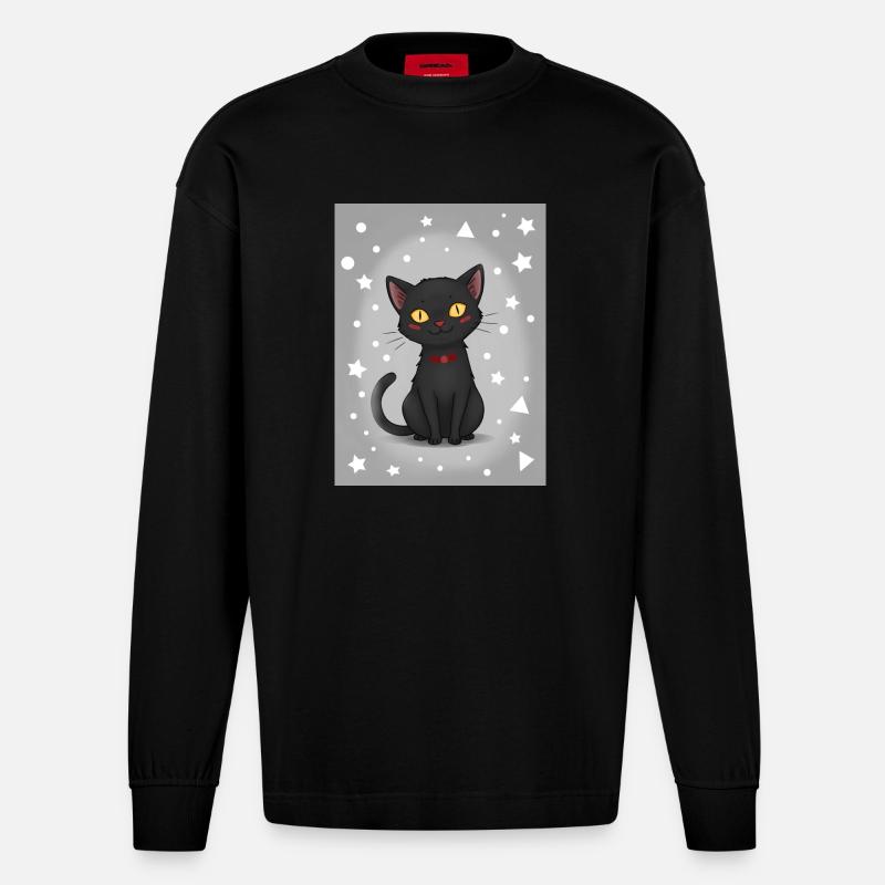 Chaton de dessin animé mignon - Manches longues bio épais oversize fabriqué en UE - SOLID BLACK