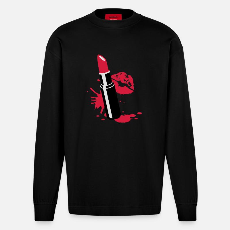 Lippenstift mit Kussmund - Heavyweight Oversized Organic Langarmshirt Made in EU - SOLID BLACK