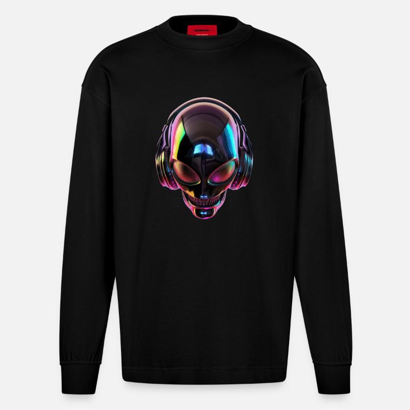 Schwarzer Alien-Kopf mit Kopfhörern - Heavyweight Oversized Organic Langarmshirt Made in EU - SOLID BLACK