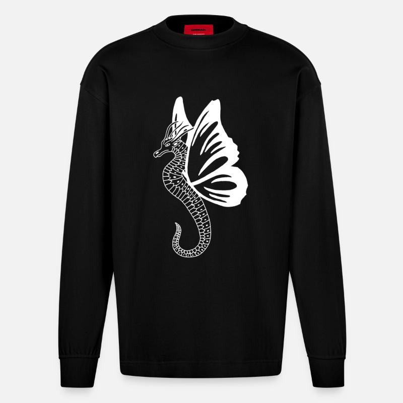 Weißer Schmetterlingsdrache - Heavyweight Oversized Organic Langarmshirt Made in EU - SOLID BLACK