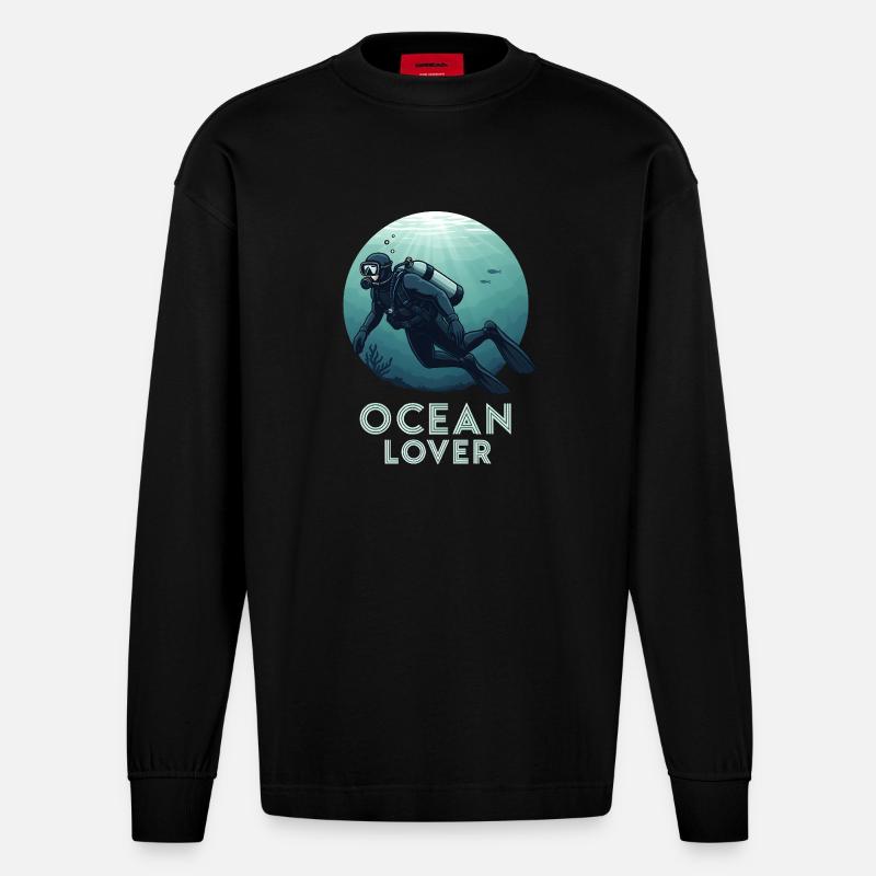 Ocean Lover Diver - Heavyweight Oversized Organic Longsleeve Shirt Made in EU - SOLID BLACK