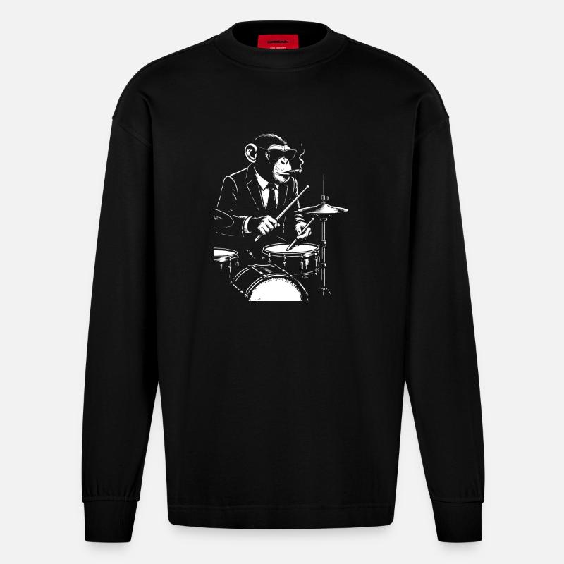 Jazz Monkey spielt das Schlagzeug - Heavyweight Oversized Organic Langarmshirt Made in EU - SOLID BLACK