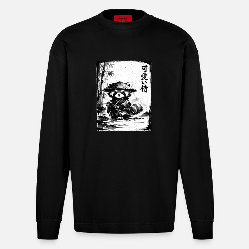 Samurai Roter Panda Sumi-e Tuschezeichnung - Heavyweight Oversized Organic Langarmshirt Made in EU - SOLID BLACK