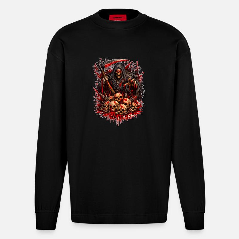 Sensenmann mit Schädelberg - Heavyweight Oversized Organic Langarmshirt Made in EU - SOLID BLACK