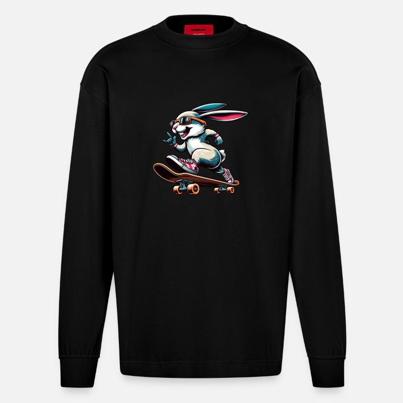 Cool Skateboarder Easter Bunny Design - Heavyweight Oversized Organic Longsleeve Shirt Made in EU - SOLID BLACK