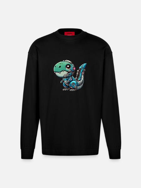 Cute T-Rex Cyborg, Robo-Dinosaur - Heavyweight Oversized Organic Longsleeve Shirt Made in EU - SOLID BLACK