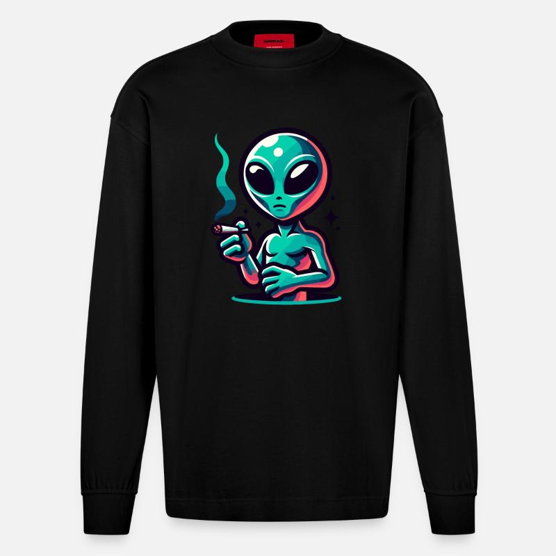 Alien mit Joint Zigarette rauchen - Heavyweight Oversized Organic Langarmshirt Made in EU - SOLID BLACK