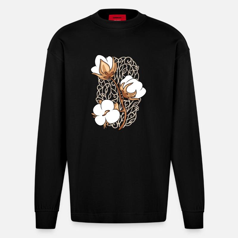 Ornamentelement mit blühendem Baumwollzweig - Heavyweight Oversized Organic Langarmshirt Made in EU - SOLID BLACK